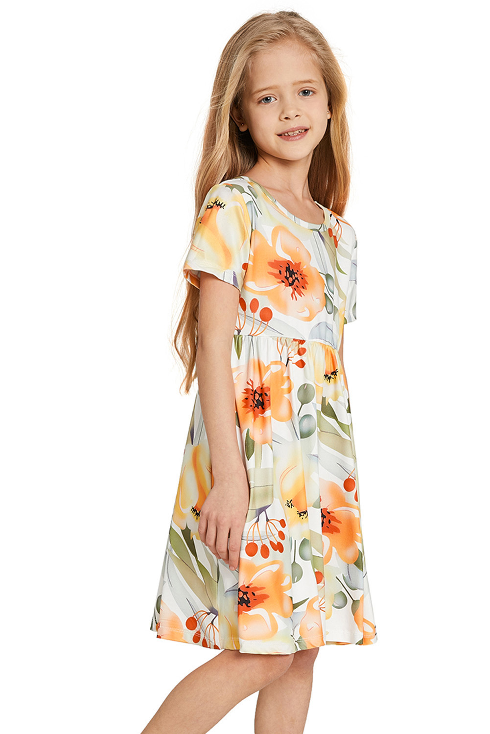 Yellow Crewneck Short Sleeve Floral Girl's Midi Dress