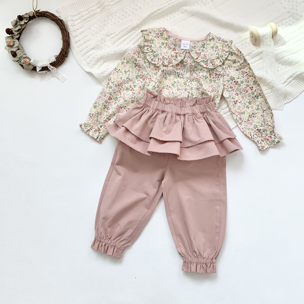 Girls Doll Collar Puff Sleeve Disty Floral Single-Breasted Blouse