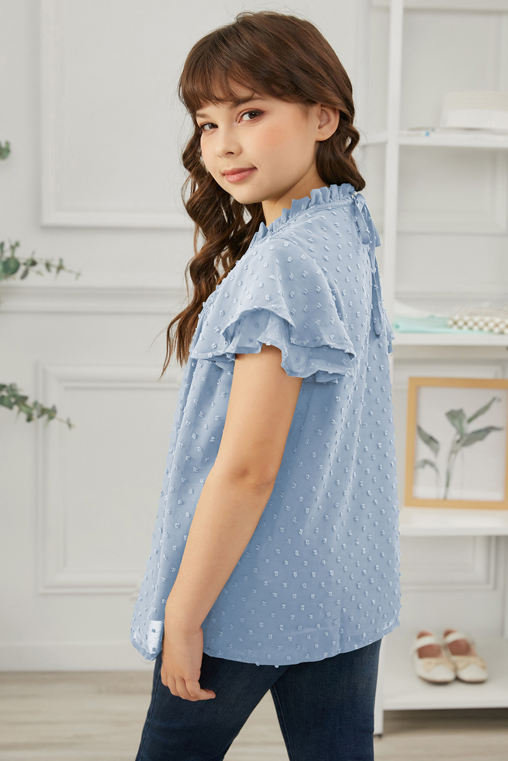 Sky Blue Little Girl Swiss Dot Ruffle Sleeves Top