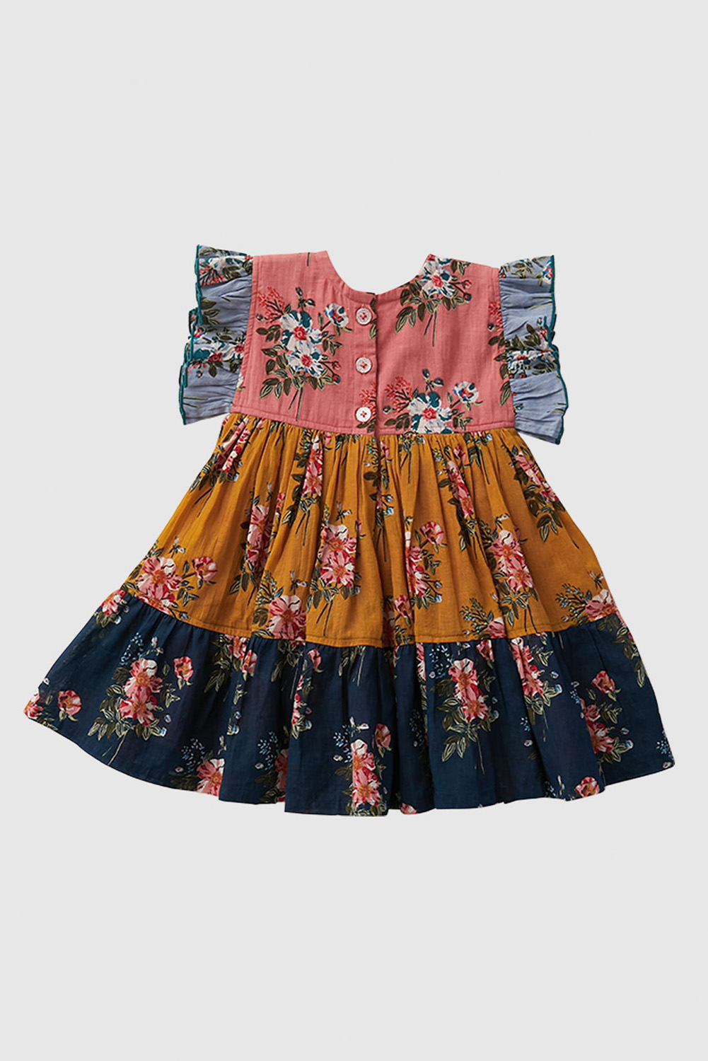 Multicolor Little Girl Colorblock Floral Print Ruffles Pleated Midi Dress