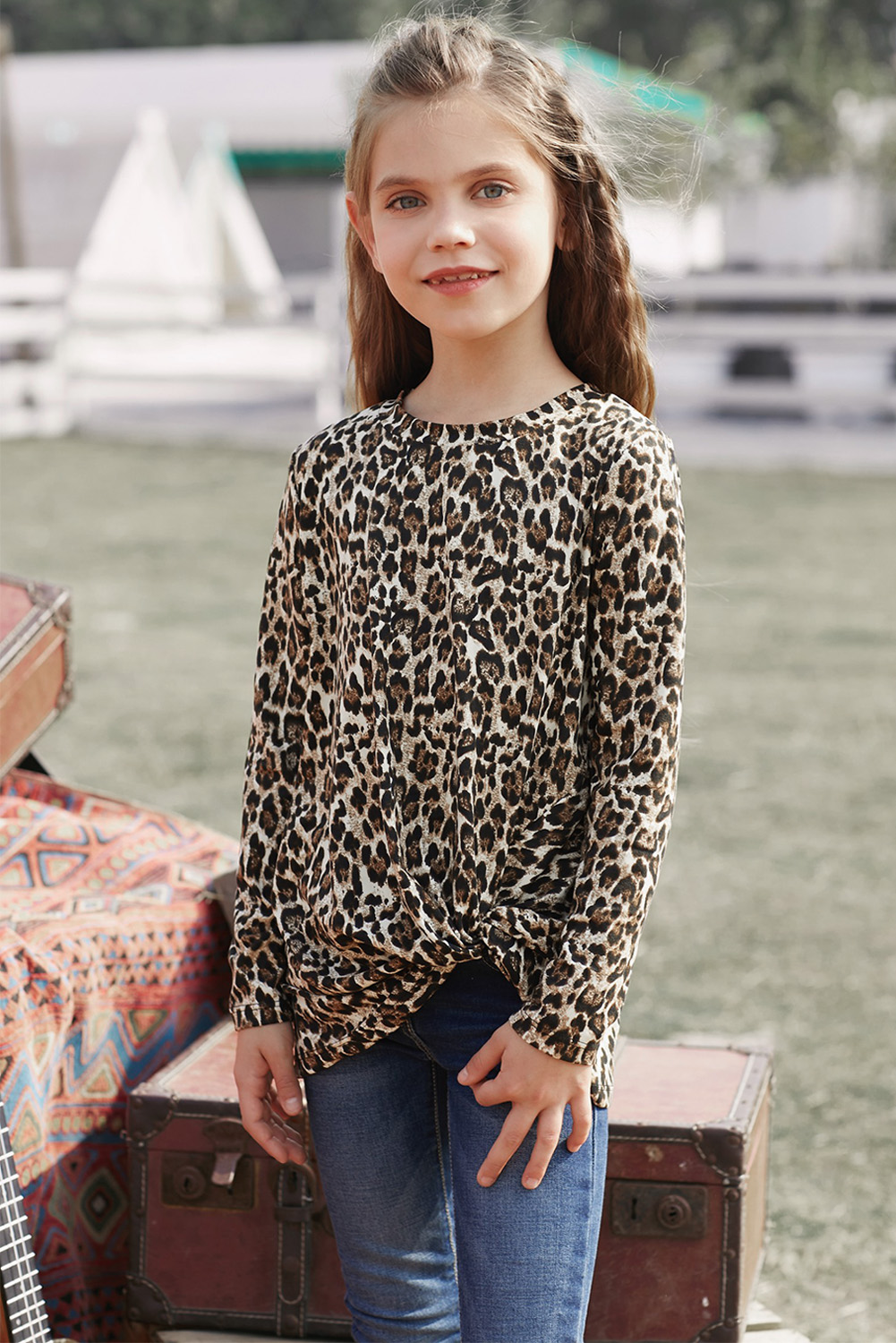 Leopard Print Side Knot Girls' Long Sleeve Top