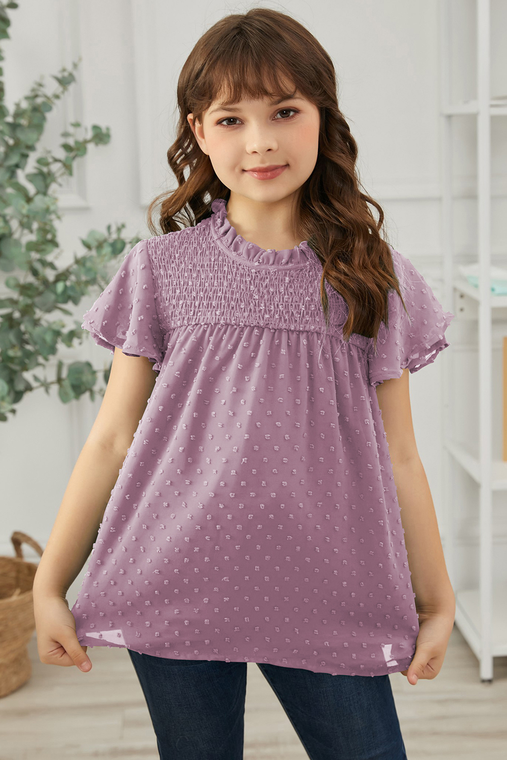 Purple Little Girl Swiss Dot Ruffle Sleeves Top