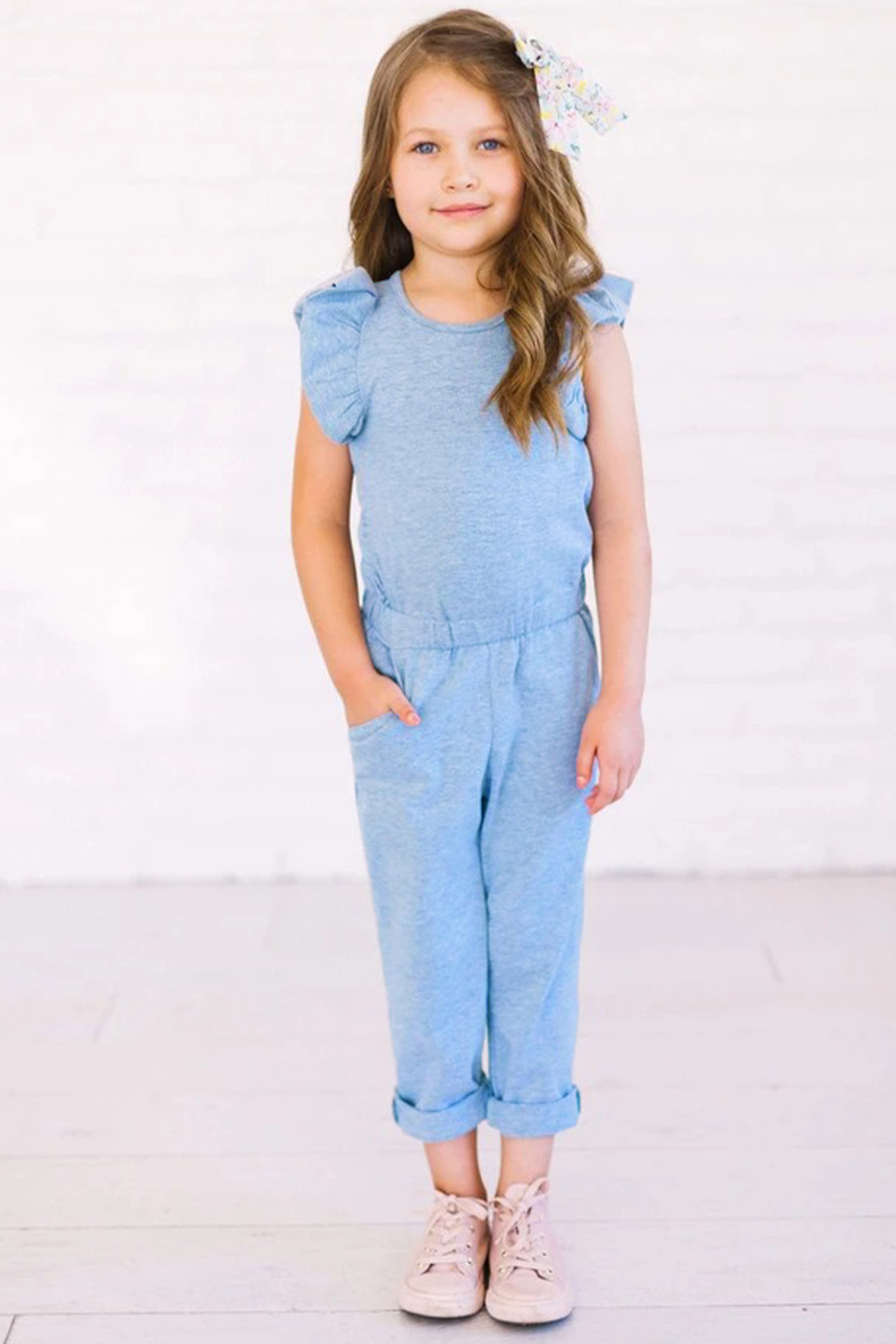 Sky Blue Little Girls Ruffled Shoulder Keyhole Back Jumpsuit With Pockets