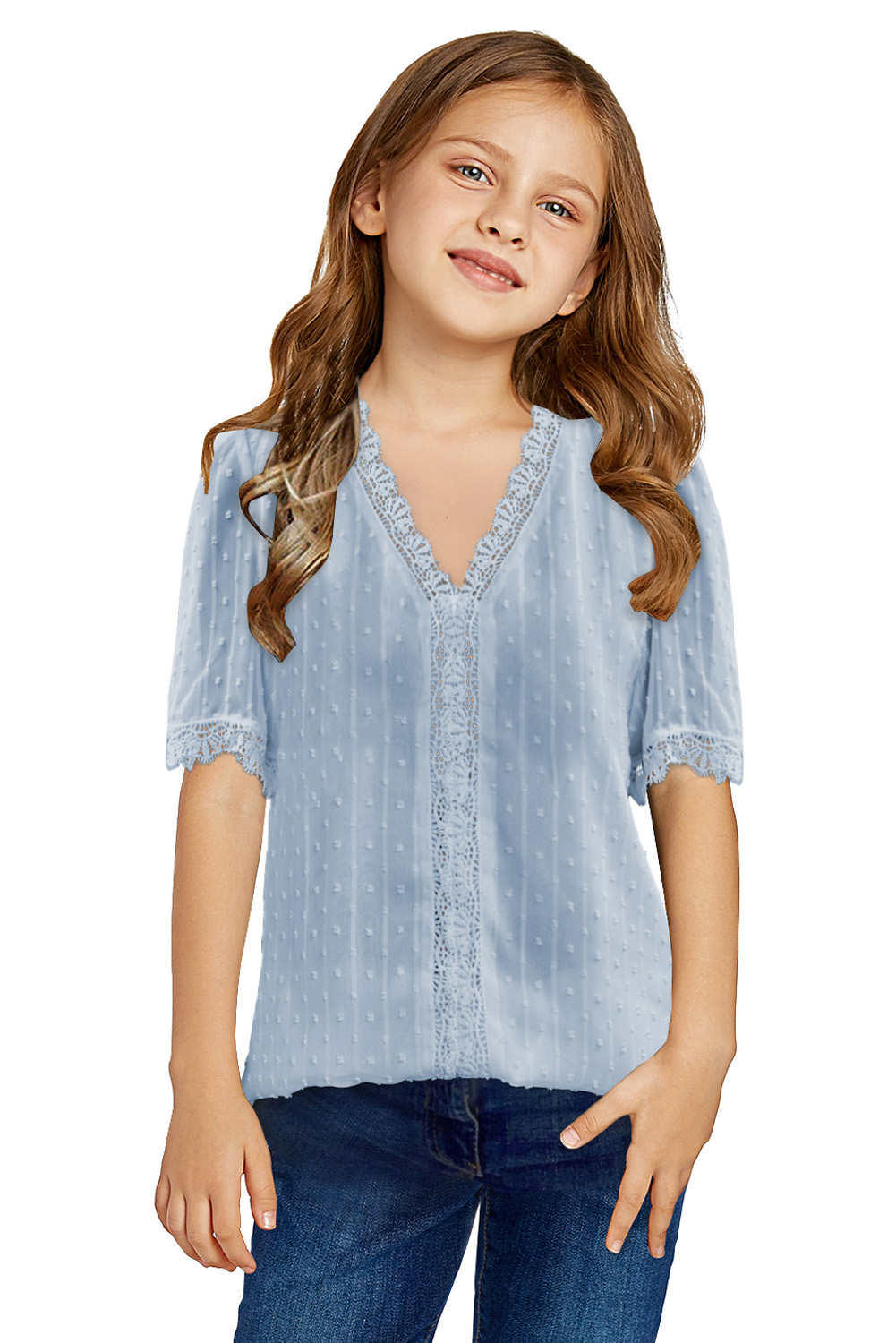 Sky Blue Swiss Dot Lace Short Sleeve Girls Top