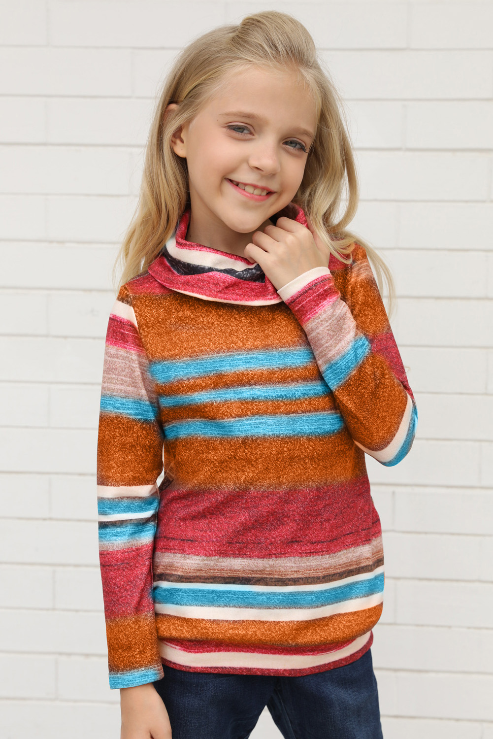 Multicolor Cowl Neck Girl's Striped Sweatshirt