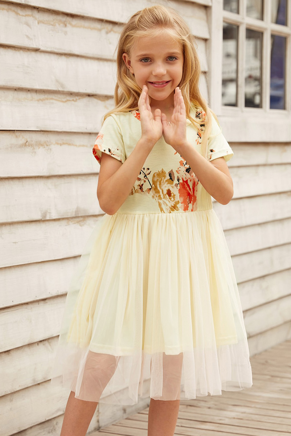 Short Sleeves Floral Bodice Empire Waist Kids Tulle Dress