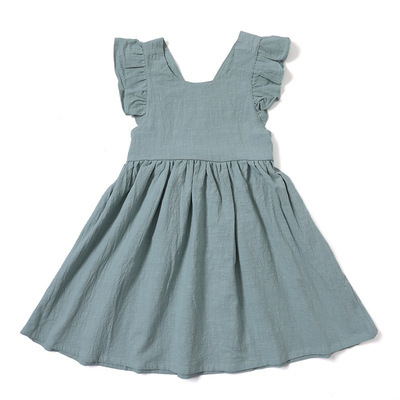 Little Girs' Cotton And Linen Flare Sleeve Princess Dress