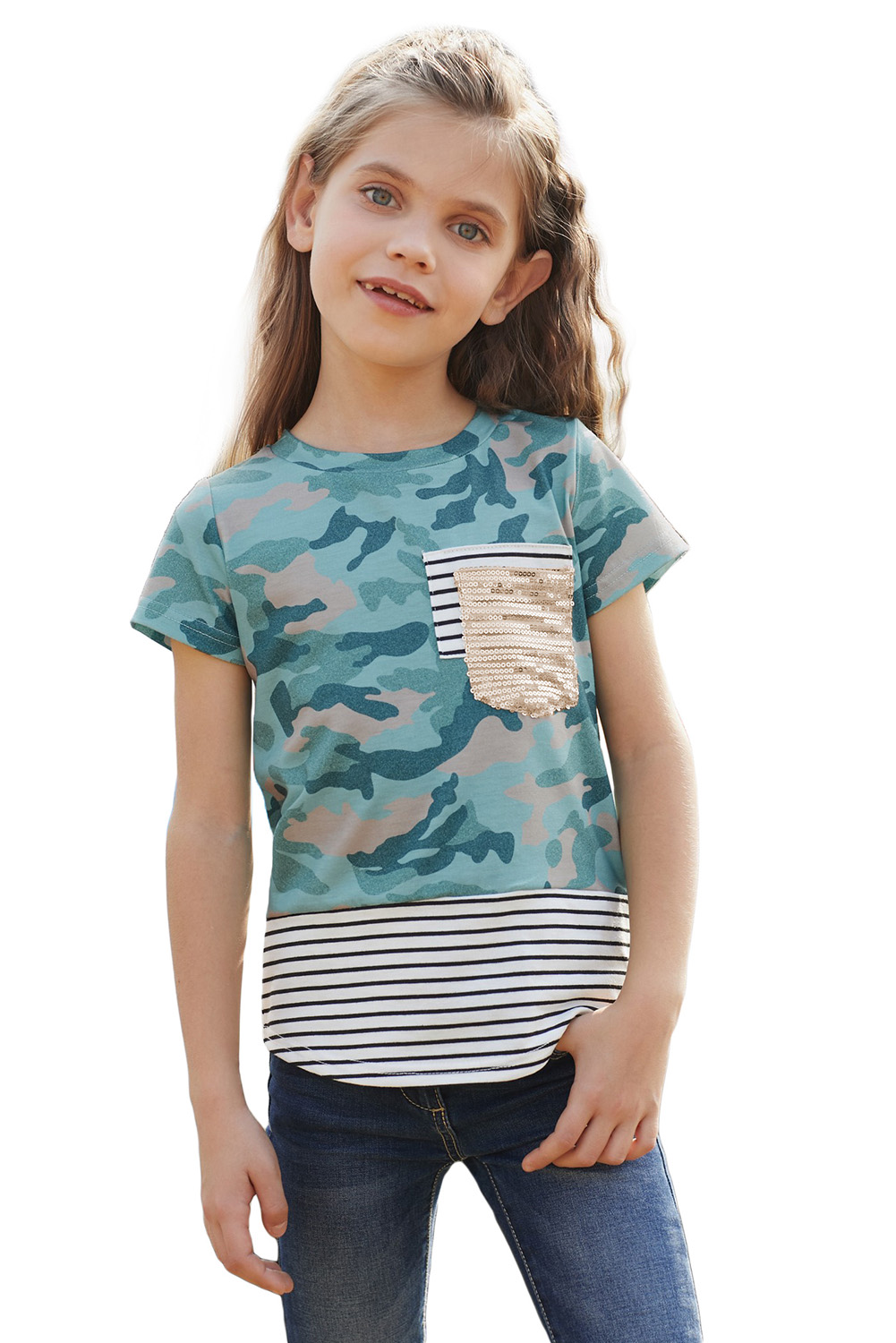 Green Camo Print Splicing Stripes Girls' T-Shirt