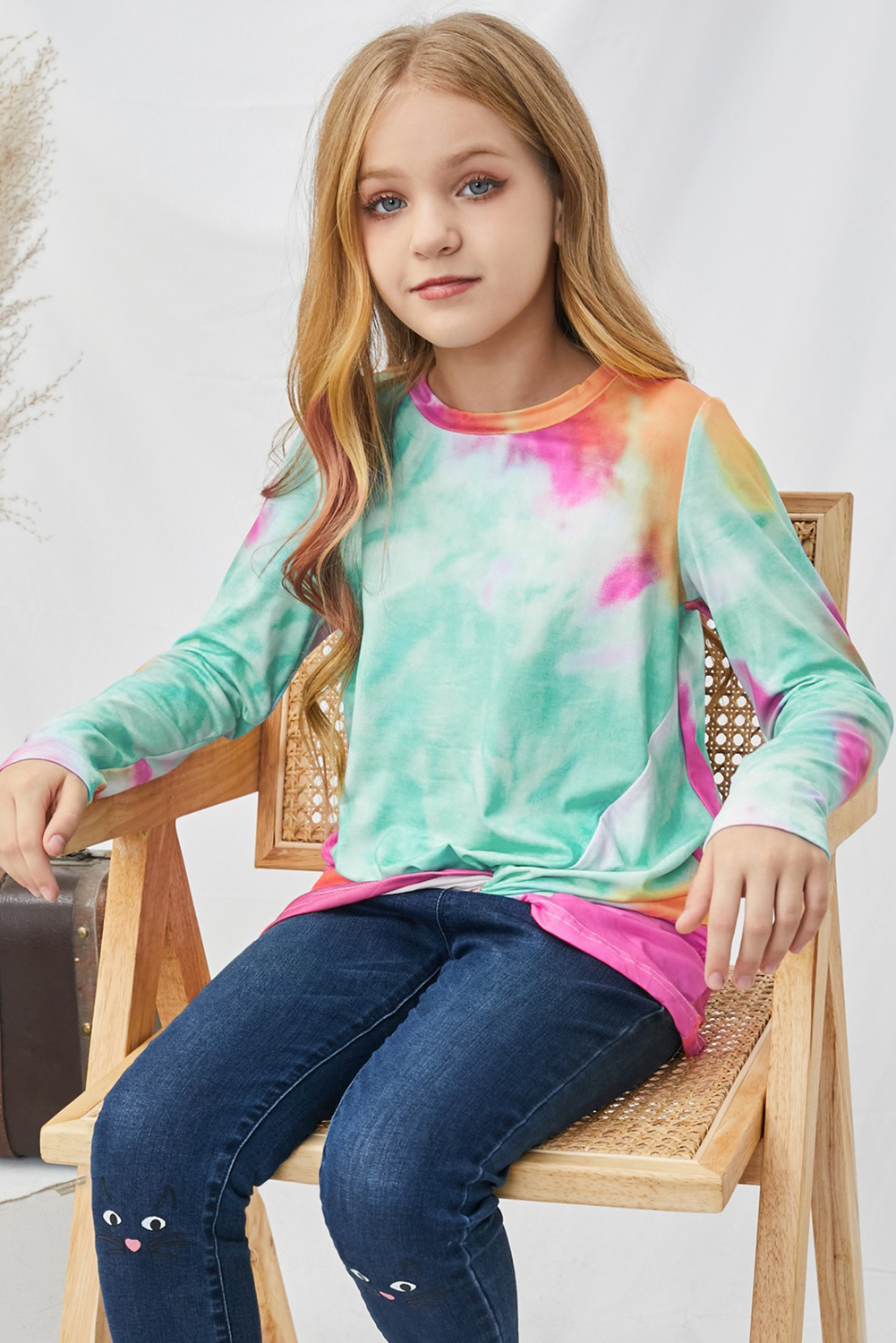 Green Tie Dyed Twist Knot Girl's Long Sleeve Top