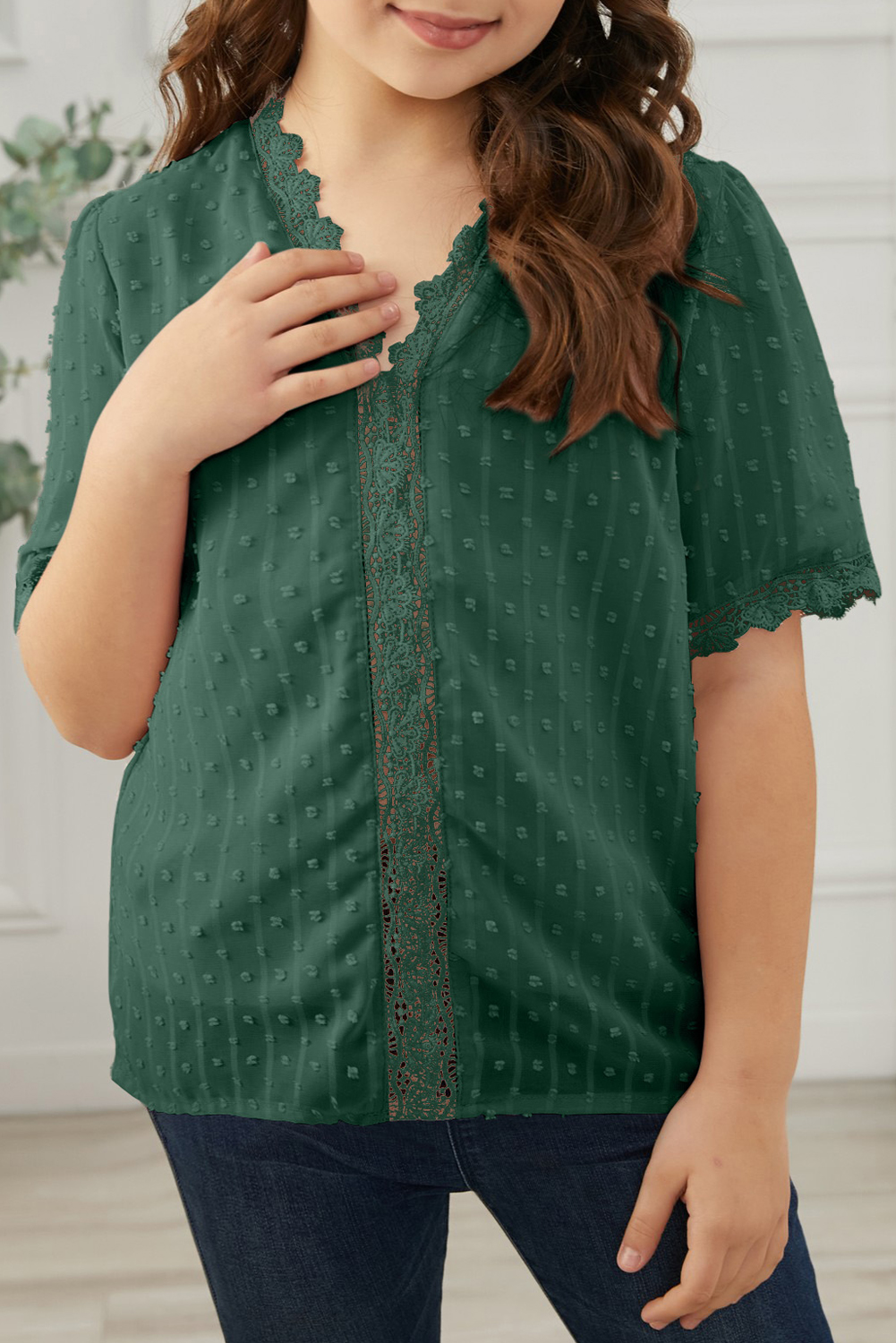 Green Swiss Dot Lace Short Sleeve Girls Top