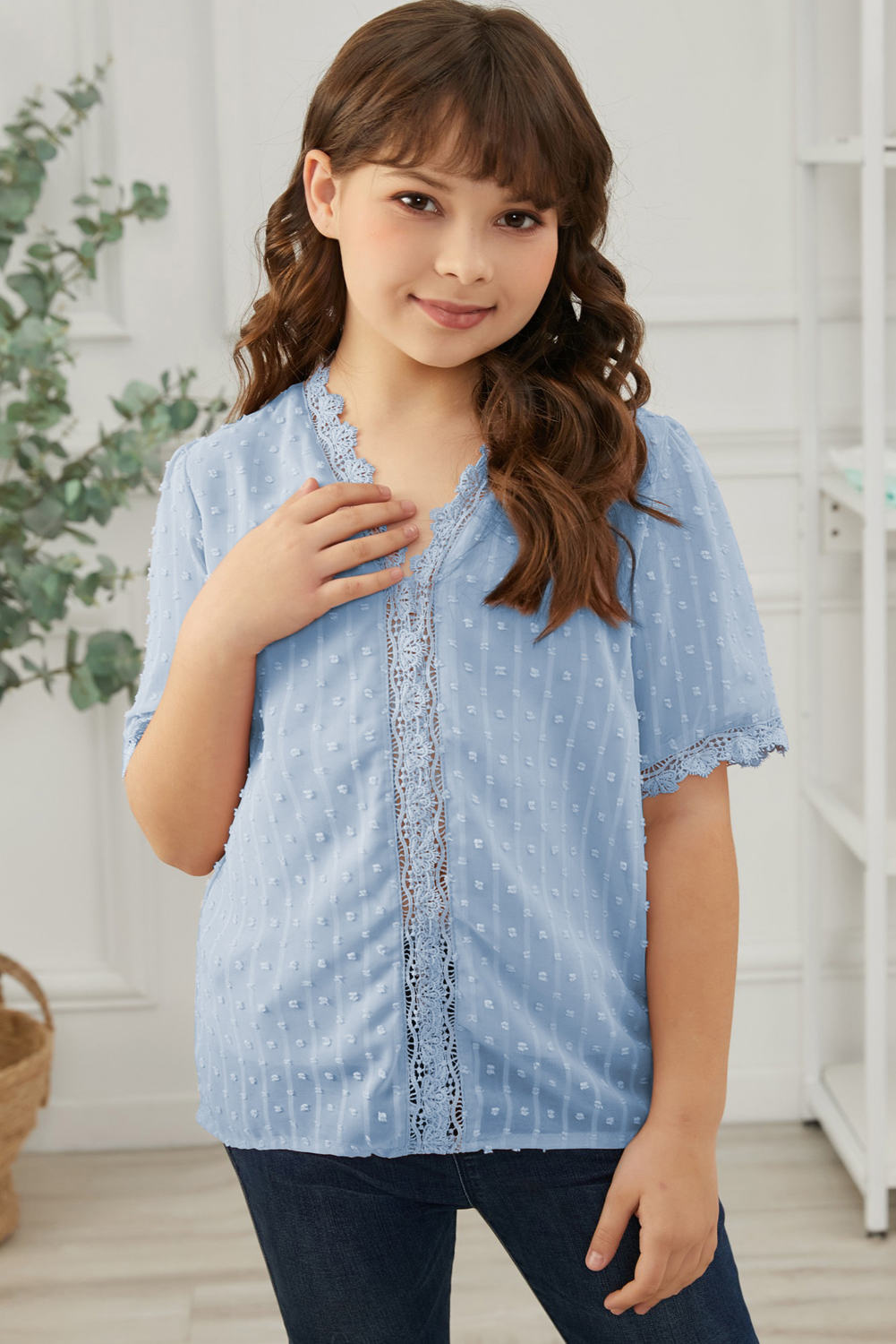 Sky Blue Swiss Dot Lace Short Sleeve Girls Top