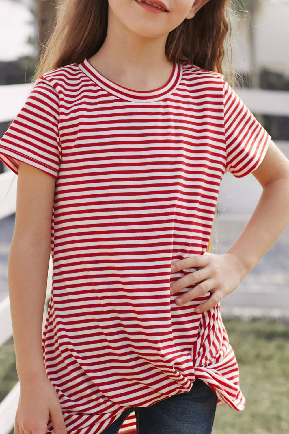 Red Short Sleeve Front Twist Striped Girl's Top