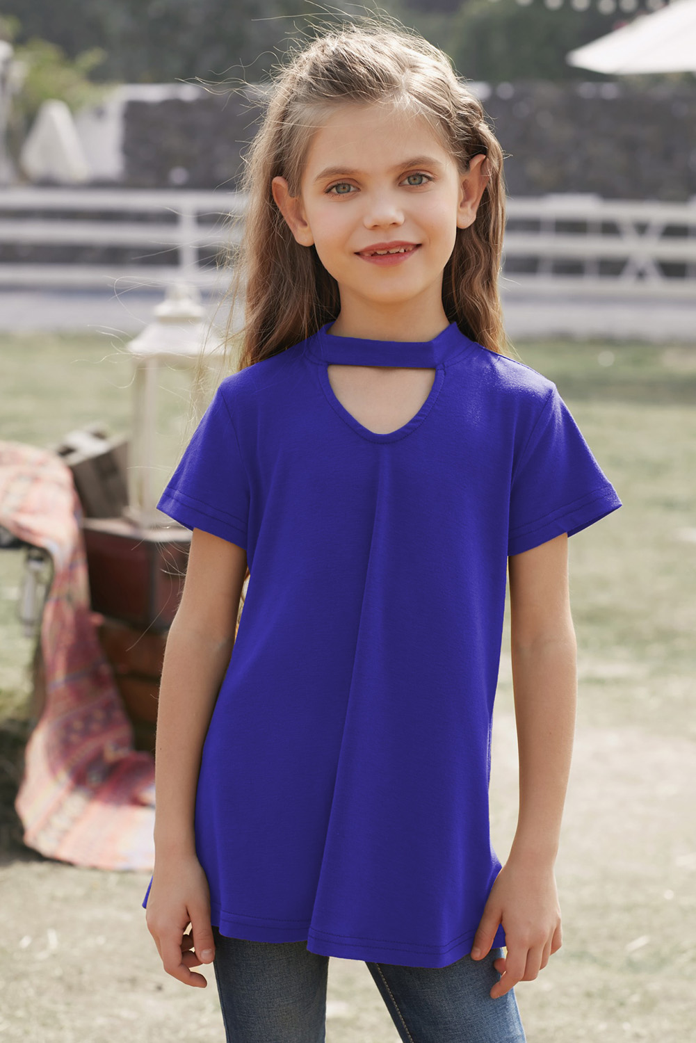 Blue Keyhole Girl’s Short Sleeves Top