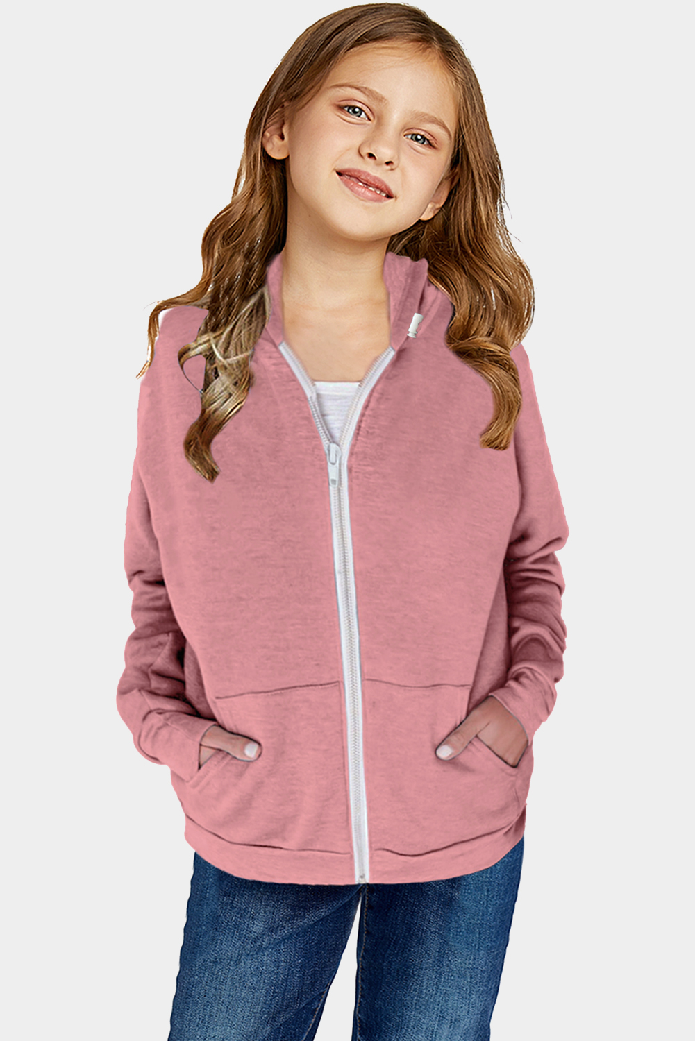 Pink Zipper Hooded Girl’s Coat With Pocket