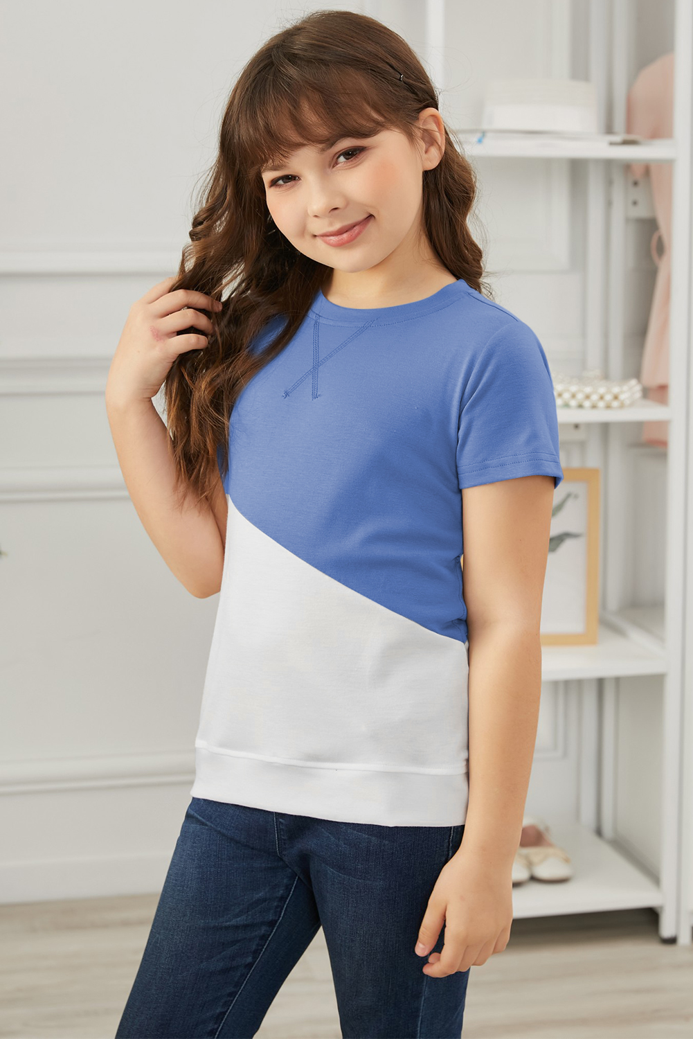 Sky Blue Colorblock Splicing Little Girl Tee