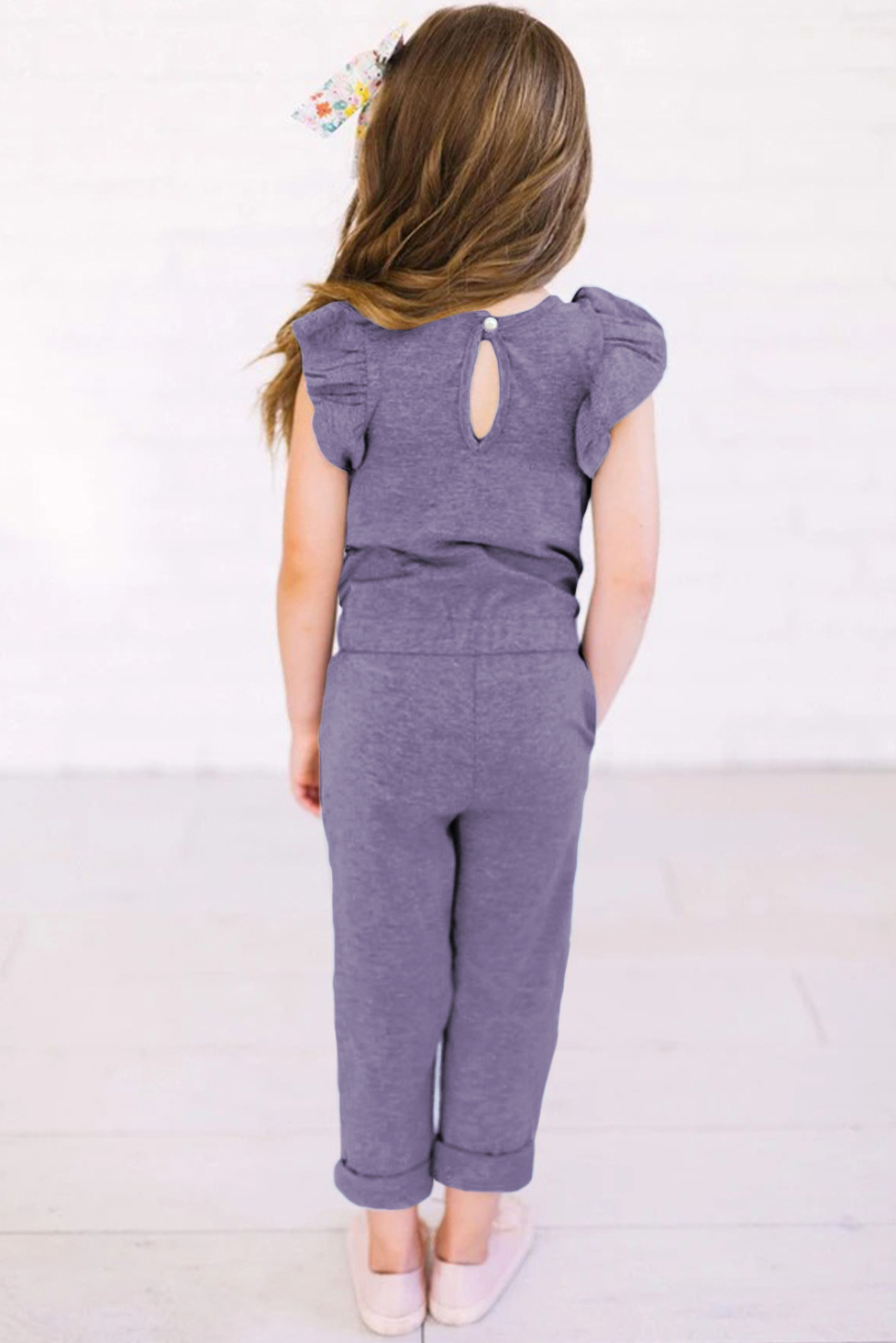 Purple Little Girls Ruffled Shoulder Keyhole Back Jumpsuit With Pockets