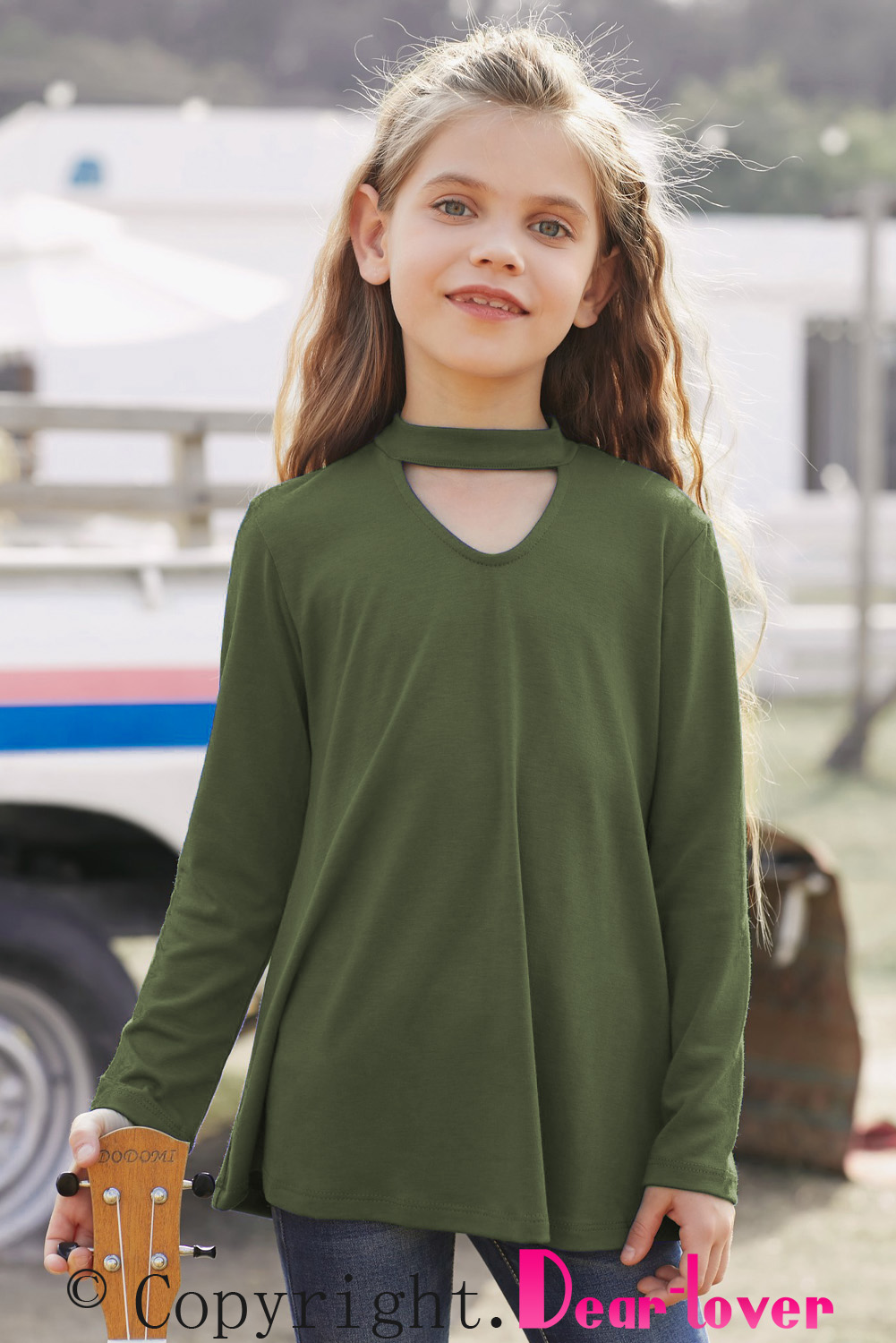 Green Choker Hollow-Out Front Little Girl Kids' Long Sleeves Top