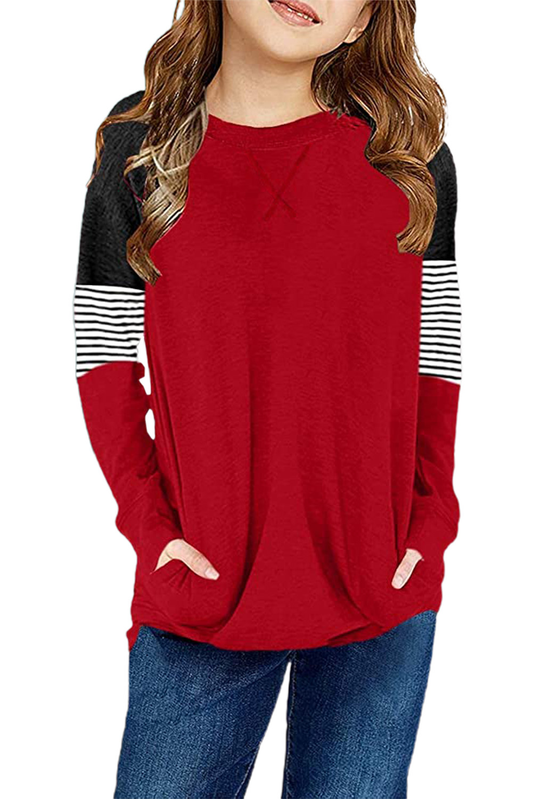 Red Striped Colorblock Long Sleeve Girls Blouse With Pocket