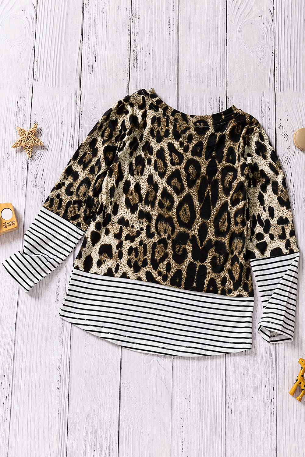 Leopard Stripe Patchwork Sequin Pocket Long Sleeve Girl's Top