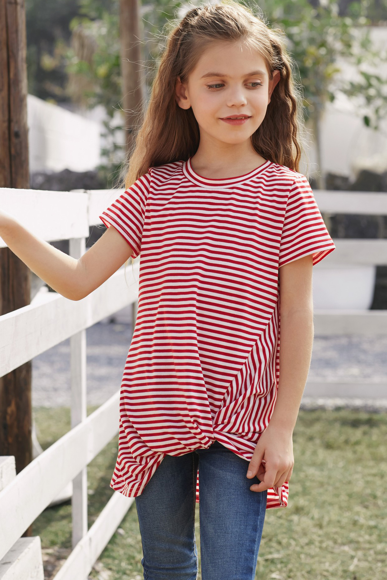 Red Short Sleeve Front Twist Striped Girl's Top