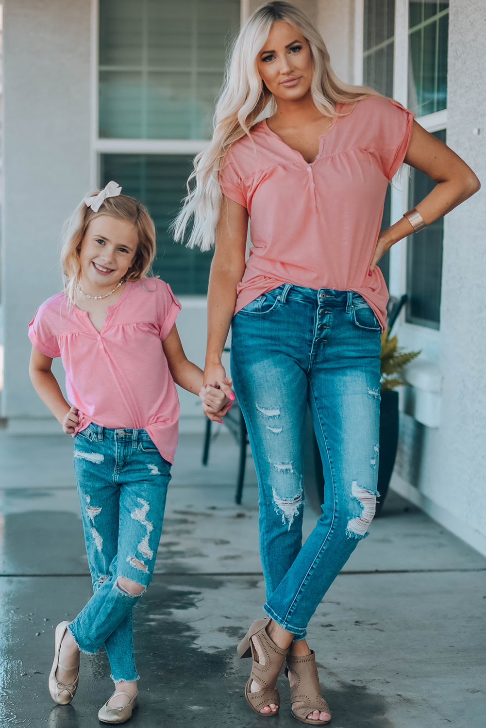 Pink Roll Up Short Sleeve Girls' Top With Buttons