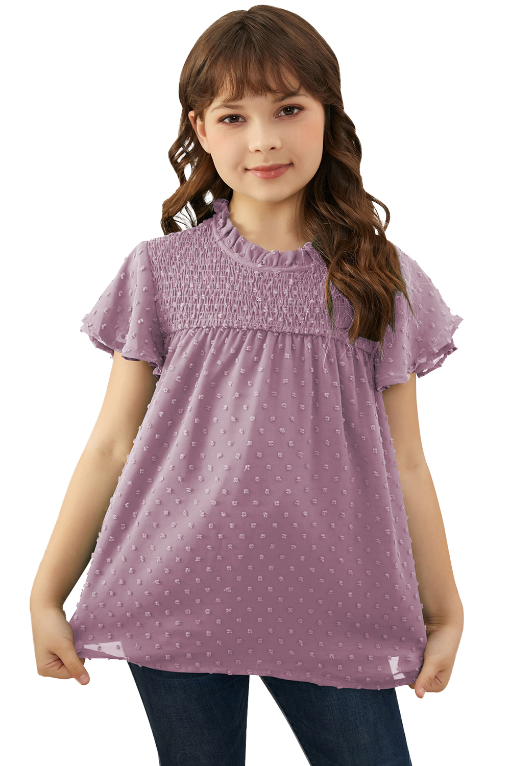 Purple Little Girl Swiss Dot Ruffle Sleeves Top