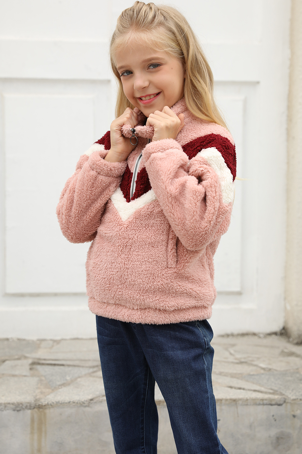 Pink Stripe Color Block Half Zip Girl Fleece Sweatshirt With Pocket