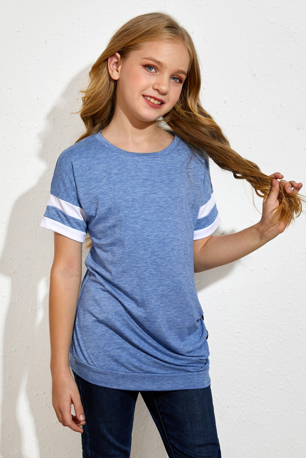 Sky Blue Striped Sleeves Little Girl Tee With Buttoned Side