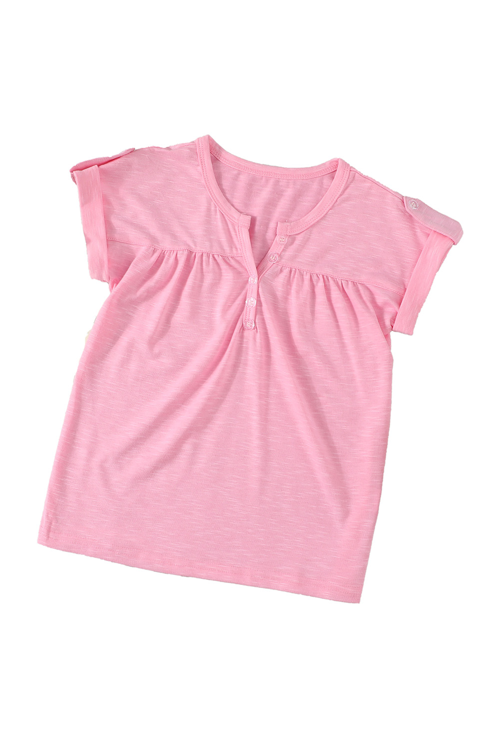 Pink Roll Up Short Sleeve Girls' Top With Buttons