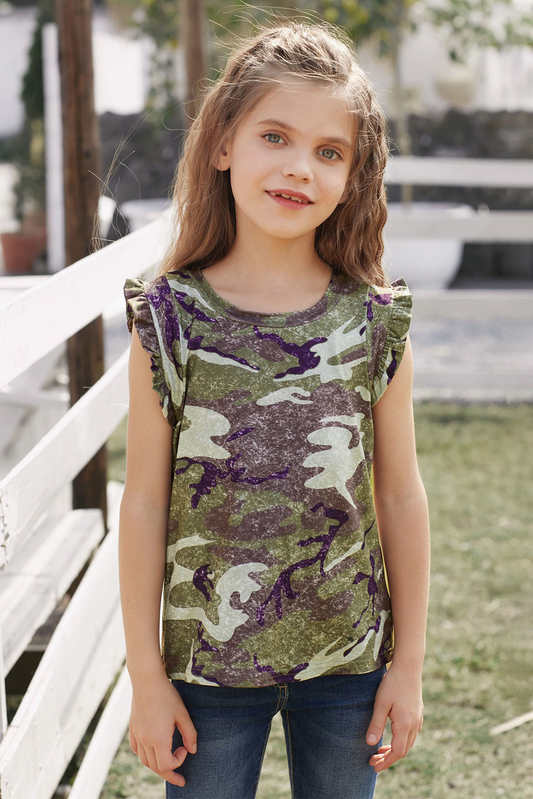 Green Camo Print Flounced Armholes Little Girls’ Tank