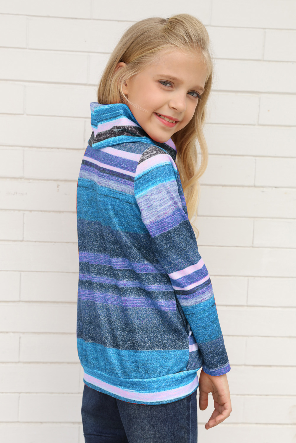 Sky Blue Cowl Neck Girl's Striped Sweatshirt