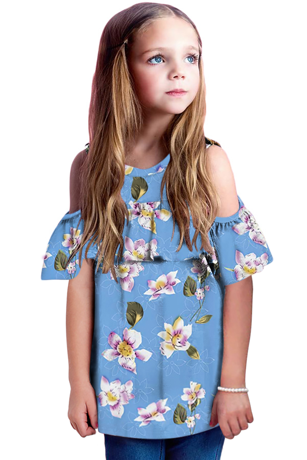 Sky Blue Ruffled Cold Shoulder Floral Girls' Top