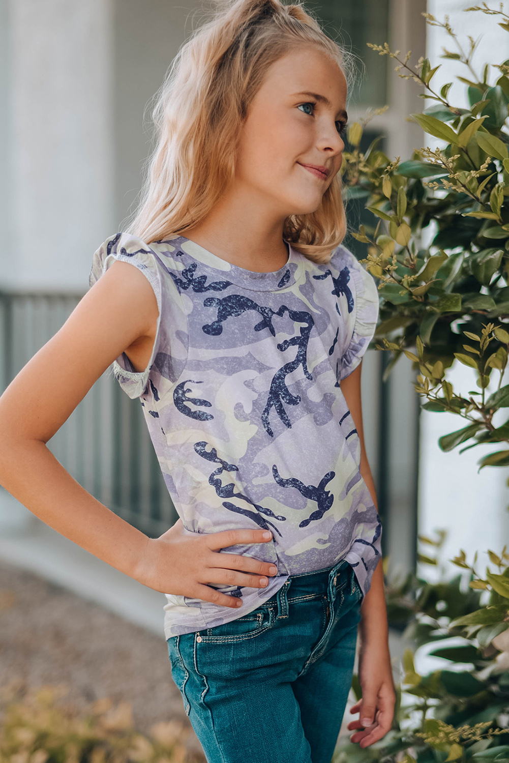 Gray Camo Print Flounced Armholes Little Girls' Tank