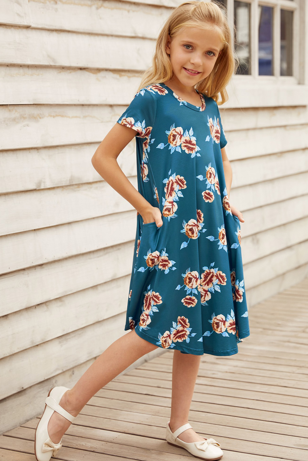 Green Floral Girls T-Shirt Midi Dress