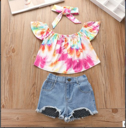 Girls' Off-Shoulder Top & Denim Shorts Set With Headband