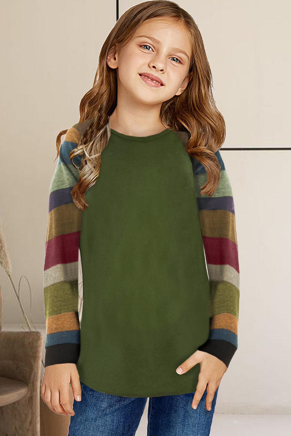 Green Striped Color Block Girl's Long Sleeve Top