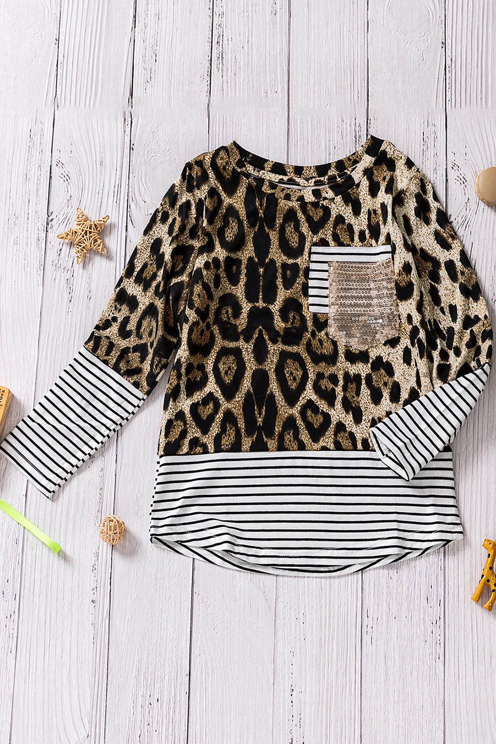 Leopard Stripe Patchwork Sequin Pocket Long Sleeve Girl's Top