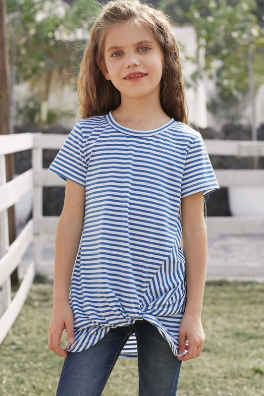 Blue Short Sleeve Front Twist Striped Girl's Top