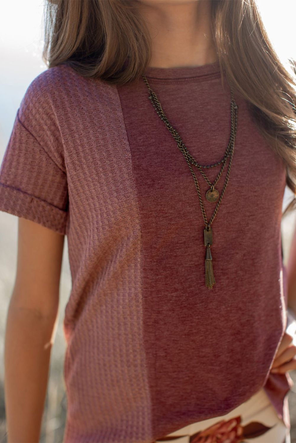 Red Girls Mix Waffle Textured Short Sleeve Top