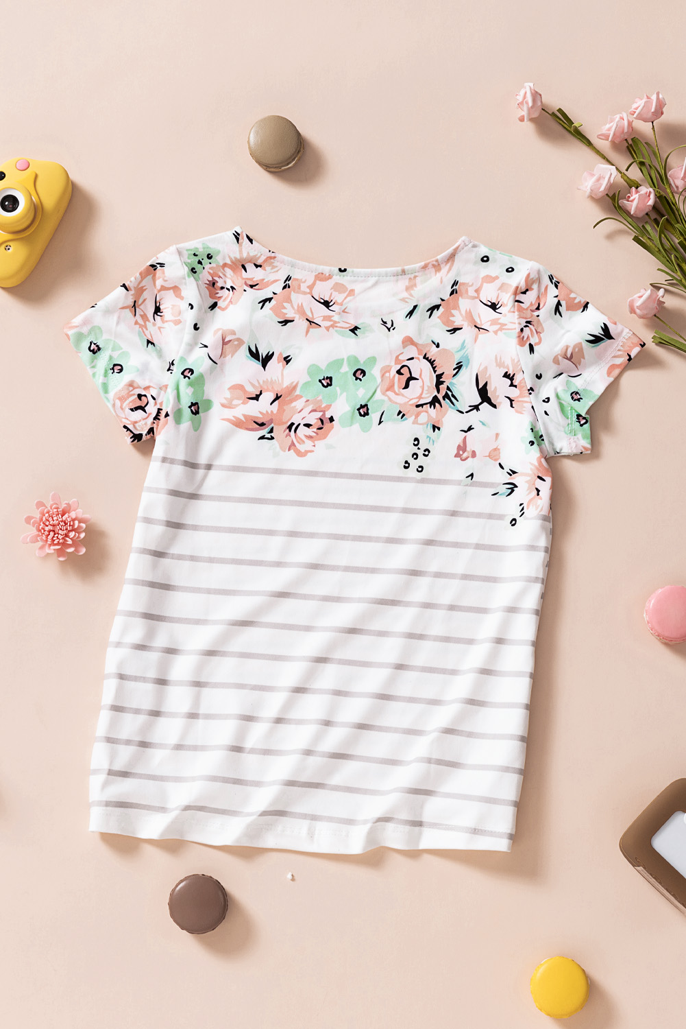 White Round Neck Floral Striped Print Kid's Tee