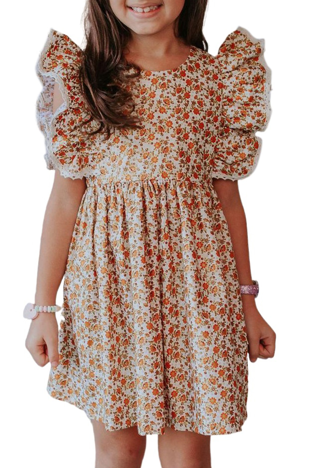 Orange Little Girls Floral Print Ruffled Sleeve Dress