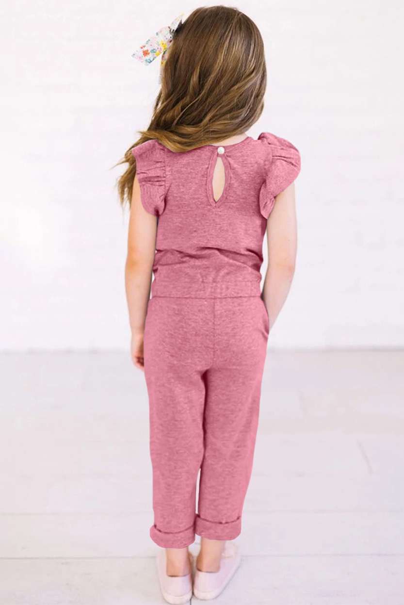 Pink Little Girls Ruffled Shoulder Keyhole Back Jumpsuit With Pockets