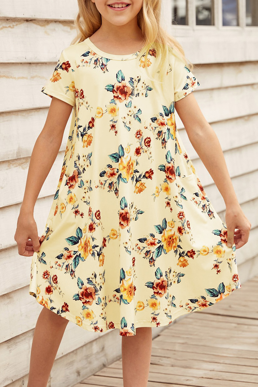 Yellow Floral Girls T-Shirt Midi Dress