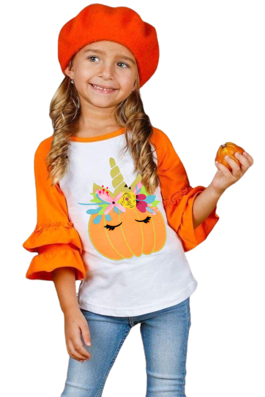 Pumpkin Print Colorblock Ruffled 3/4 Sleeve Girl's Shirt