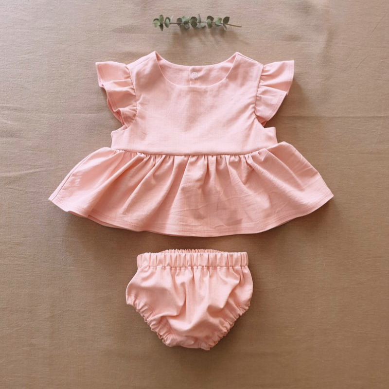 Girls Pink Linen Cotton Flare Sleeve Dress & Triangle Shorts Set