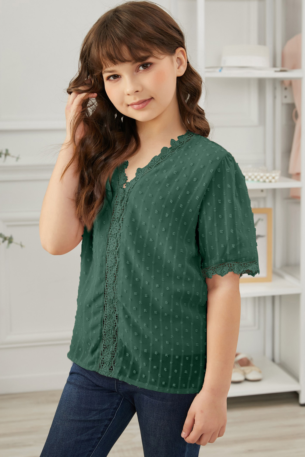 Green Swiss Dot Lace Short Sleeve Girls Top