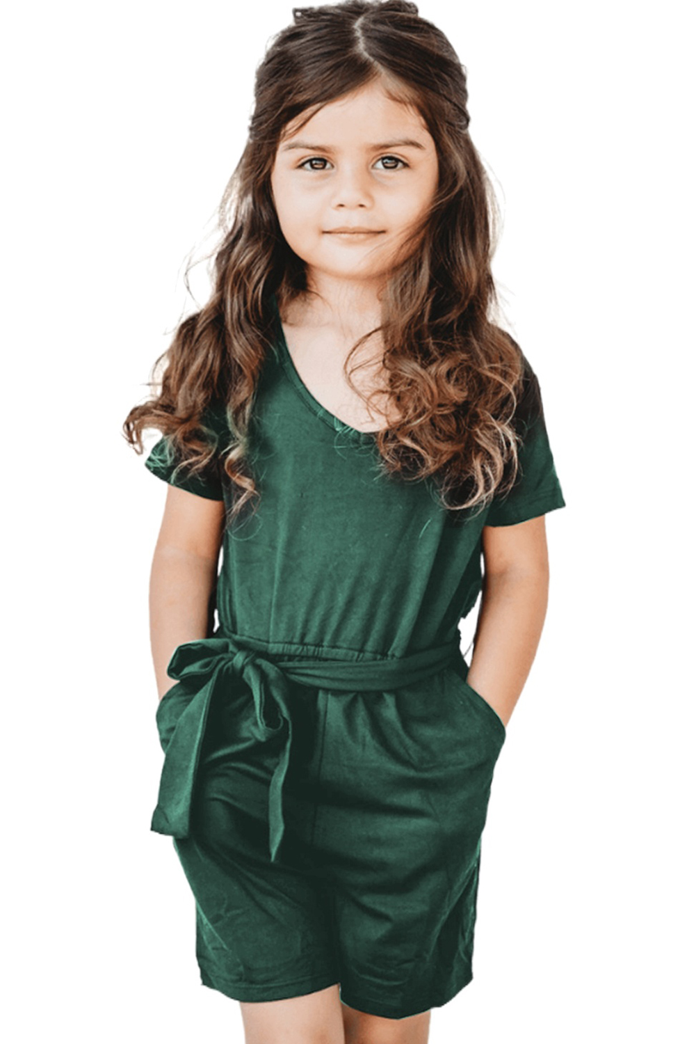 Green Tie Waist V Neck Short Sleeve Girl's Romper