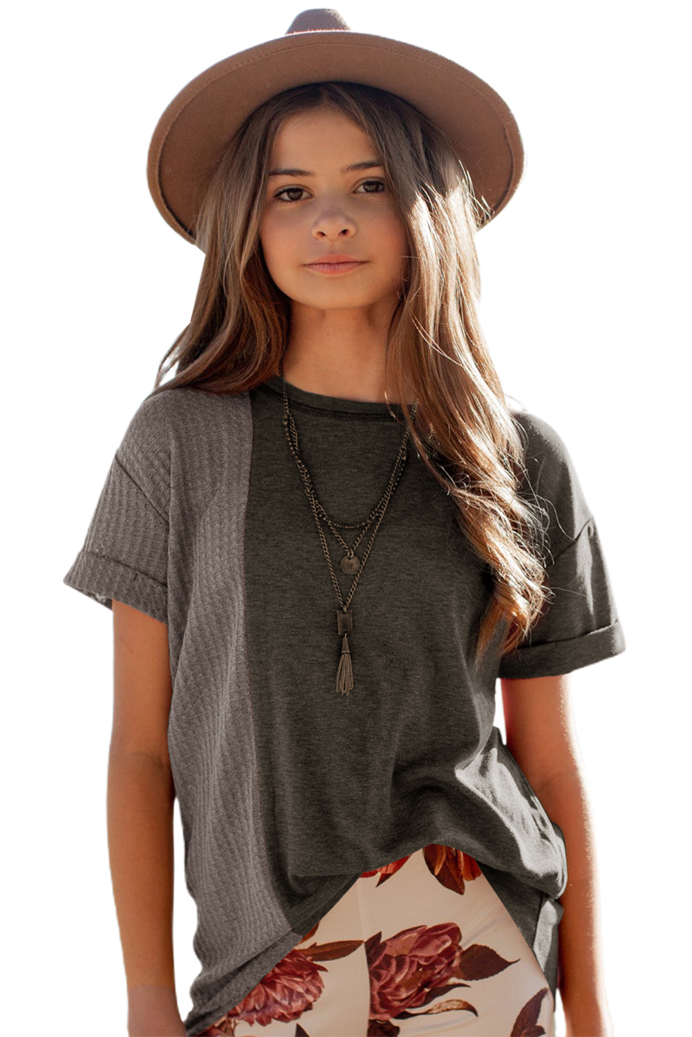 Gray Girls Mix Waffle Textured Short Sleeve Top