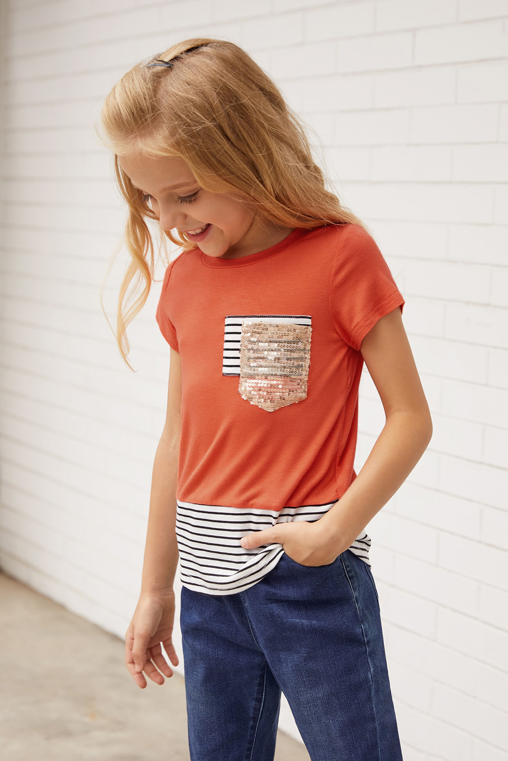 Sequins Pocket Splicing Stripes Girls' T-Shirt