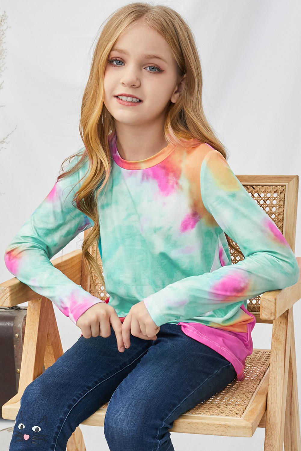 Green Tie Dyed Twist Knot Girl's Long Sleeve Top